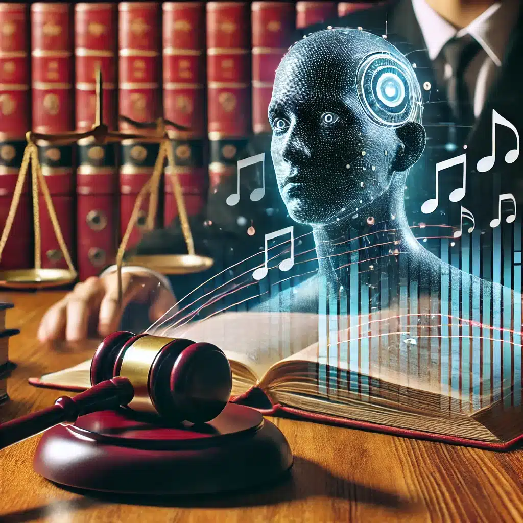 DALL·E 2024-06-26 17.16.34 - A courtroom scene with a judge's gavel and a stack of music notes and records symbolizing the music industry. In the background, a figure representing Lawsuit against AI Generated Music Photo