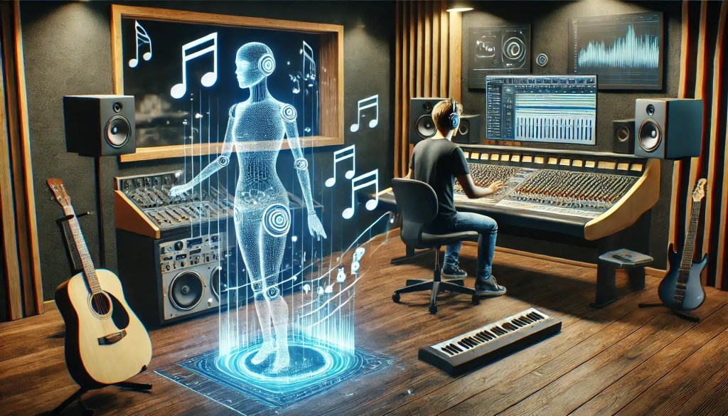 DALL·E 2024-07-28 11.17.30 - A modern music studio with a musician working alongside a futuristic AI system. The AI system is visualized as a holographic assistant with musical no Generative AI in the Music Industry: Pros & Cons
