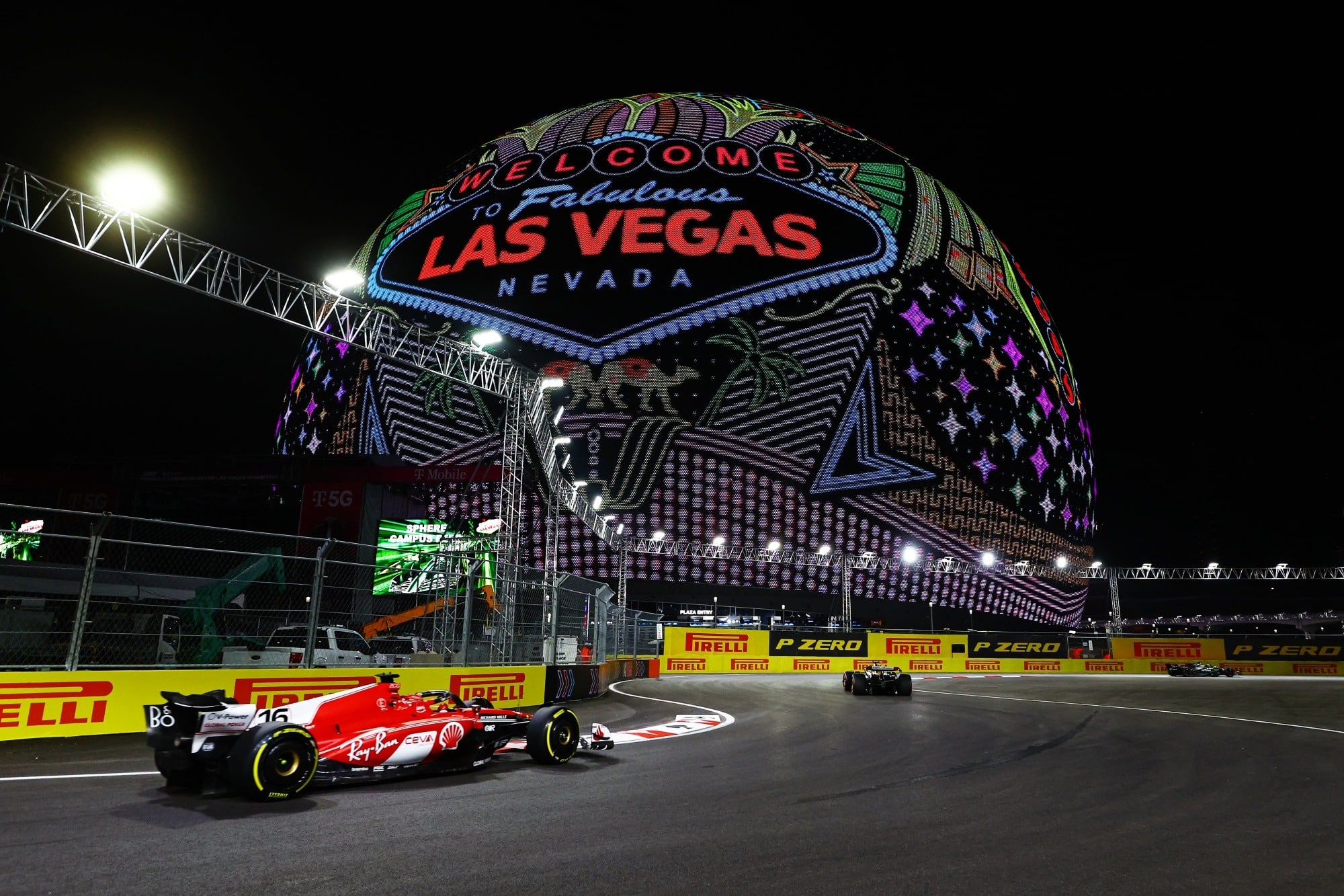 Las Vegas F1 w the Sphere in the Background Forumla 1 race in Las Vegas with the MSG Sphere in the Background