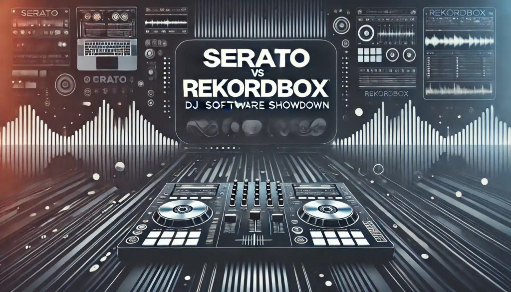DALL·E 2024-08-04 19.21.25 - A sleek, modern header image for a blog post about Serato and Rekordbox DJ software. The background features abstract digital waveforms and DJ equipme Serato DJ vs. Rekordbox. a DJ software comparison