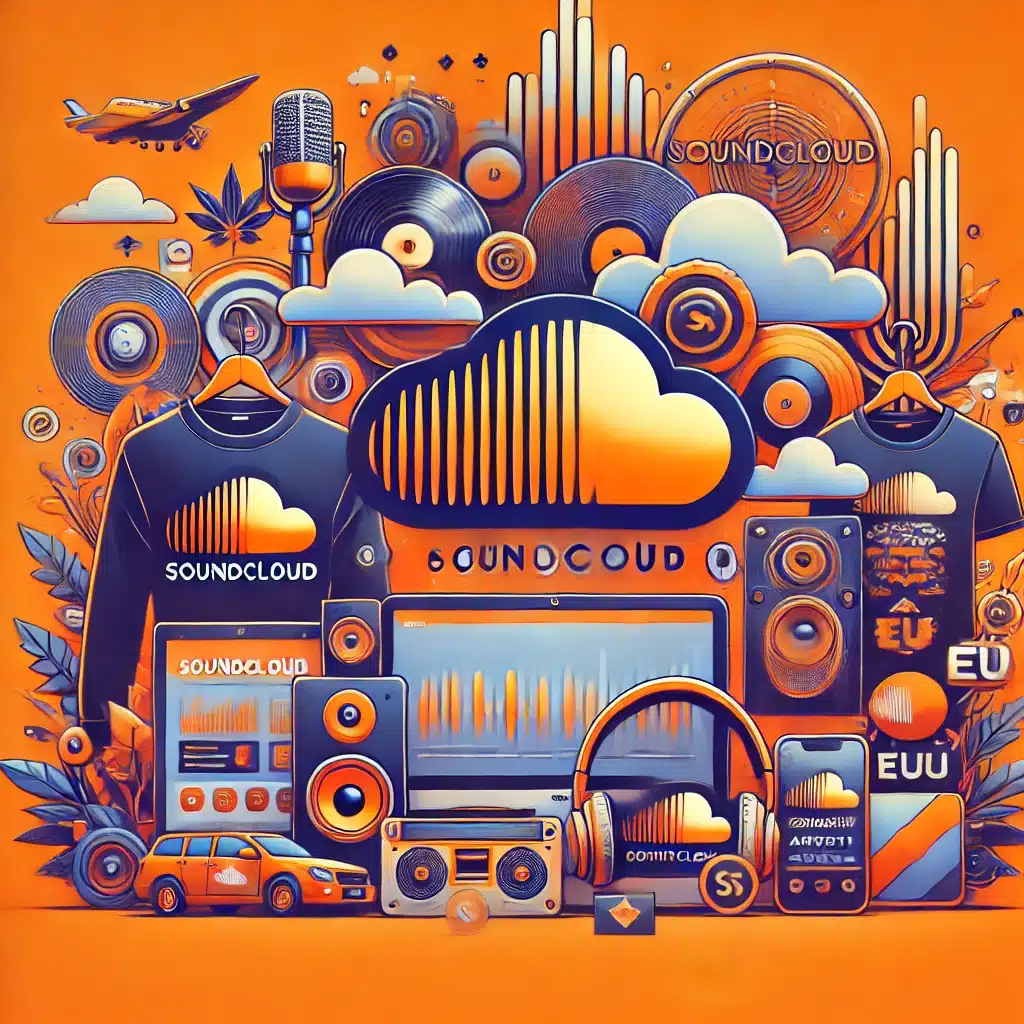 DALL·E 2024-08-16 09.39.46 - Create a dynamic header image for a blog post about SoundCloud launching a new merch store for artists and fans. The image should include a vibrant, m Soundcloud's New Merch Store