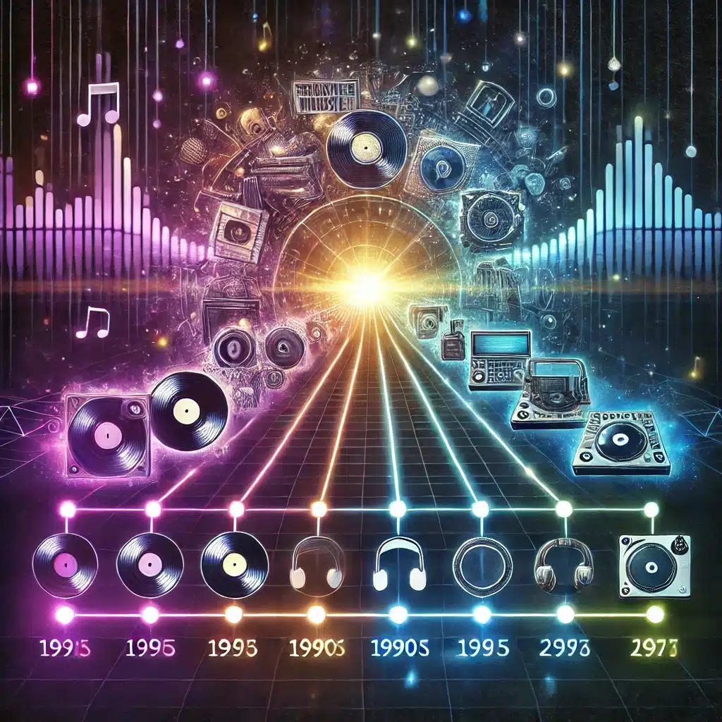 DALL·E 2024-08-17 21.40.11 - A creative depiction of the evolution of Progressive House music, showcasing its influence over time. The image features a timeline that starts in the What is Progressive House Music?
