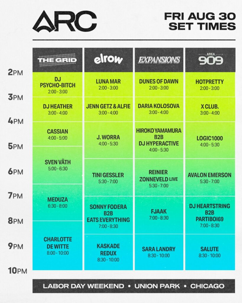 Friday ARC Set Times Friday Set Times at ARC Music Festival