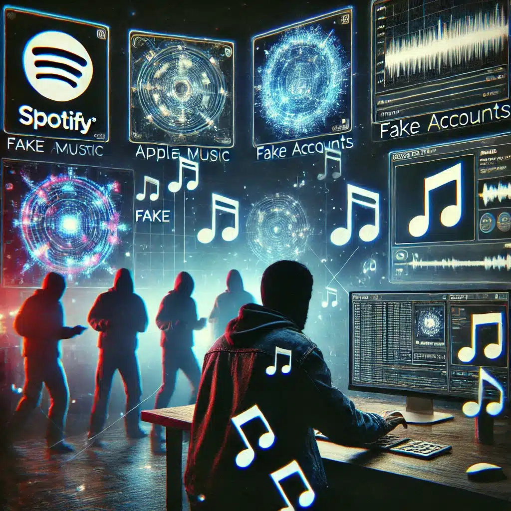 DALL·E 2024-09-09 14.06.15 - A dark-themed image showing a music producer in a dimly lit room with computers and AI codes running on multiple screens. In the background, there are Producer arrested for using AI for music profits